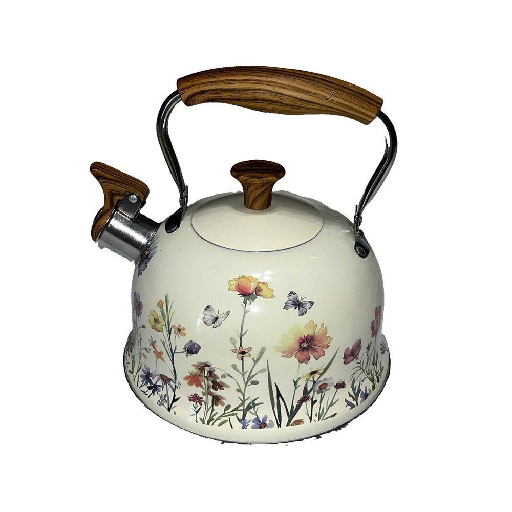 Vtg Tea Kettle For Stove Top, 3.2 Quart (3L) Whistling Kettle Floral Butterfly